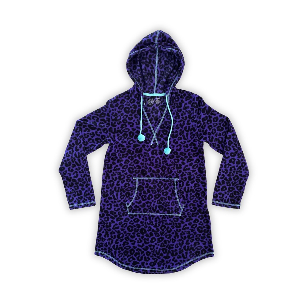 Girls Purple Leopard Fleece Hooded Nightgown Sleep Shirt Size M